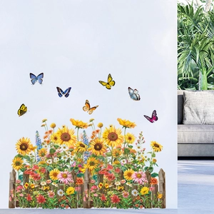 Macro detail of waterproof sunflower and butterfly wall stickers with vintage garden fence