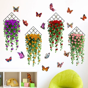 Floral wall stickers featuring hanging rose baskets and colorful butterflies for decor