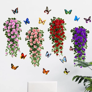 Stickers muraux avec bouquets de roses et papillons colorés pour décoration de salon