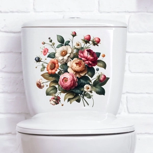 Peony and daisy self-adhesive floral stickers applied on a white bathroom toilet tank