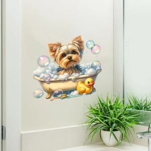 Αυτοκόλλητο τοίχου με Yorkshire Terrier στο μπάνιο σε λευκό φόντο μπάνιου