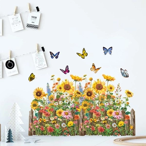 Self-adhesive sunflower wall decals with colorful butterflies and a garden fence
