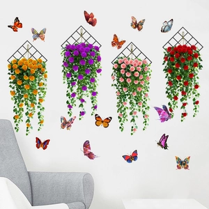 Wall-mounted rose basket wall stickers with hanging vines and 3D butterflies for home decor