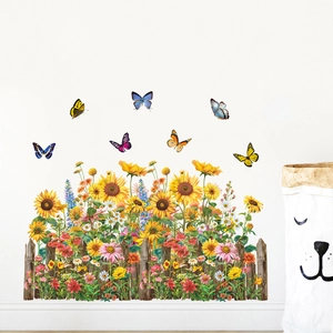 Self-adhesive garden wall sticker featuring sunflowers, butterflies and wooden fence