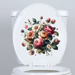 Macro detail of waterproof floral peony stickers applied on a white toilet lid surface