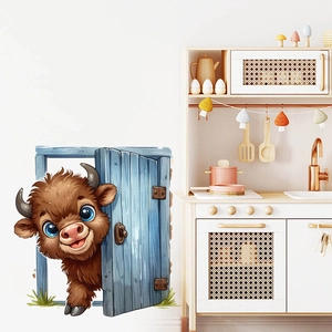 3D cartoon Highland cow wall sticker with blue wooden door for kids room decoration