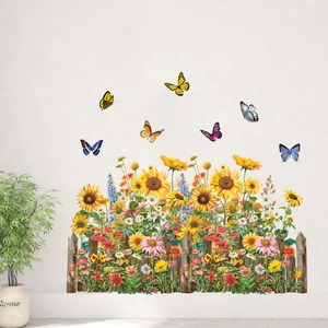 Detail of sunflower garden wall stickers with wooden fence and colorful butterflies