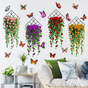Detail of hanging basket wall stickers with roses and 3D butterfly home decorations