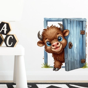 3D wall sticker featuring a cute highland cow peeking through a blue wooden door