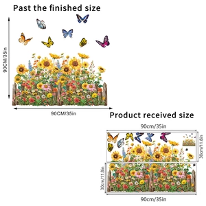 Self-adhesive sunflower and butterfly wall decals with fence for home living room decor