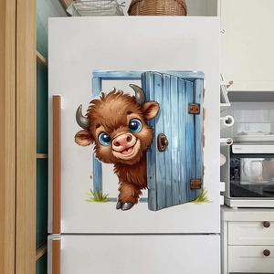 Detail of 3D cartoon baby bull sticker peaking out from blue door on white fridge