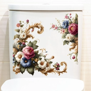 Detail view of pink peony and blue dahlia floral waterproof stickers on bathroom ceramic