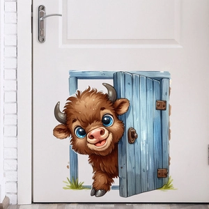 Detailed wall sticker showing a cute brown highland cow peeking through a blue wooden door