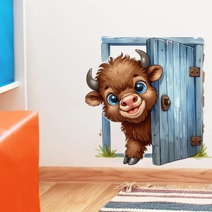 3D creative wall sticker featuring a cute cartoon yak peeking through a blue vintage door