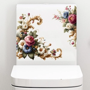 Peony floral waterproof self-adhesive toilet sticker with gold baroque scrolls decoration