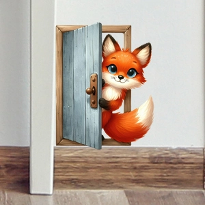3D cartoon orange fox peeking from a blue wood door self-adhesive wall decal