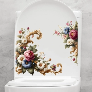Floral peony and baroque style self-adhesive waterproof sticker on a white toilet lid