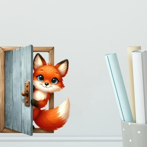 3D effect cute orange fox peeking from a blue door cartoon wall sticker for home decor