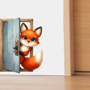 3D cartoon fox wall sticker appearing from a blue door, creative home nursery wall decor