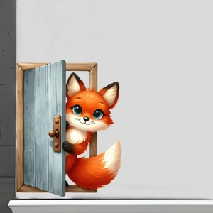 3D cartoon fox wall sticker featuring a cute orange fox peeking from a blue door