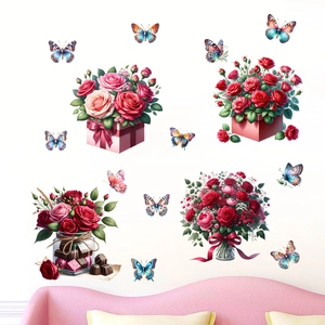 Floral wall stickers featuring rose bouquets and butterflies for home decoration
