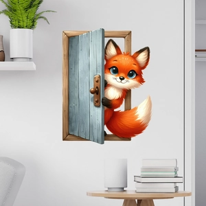 3D cartoon orange fox peeping through blue door wall sticker in a cozy living room