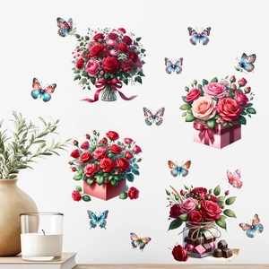 Detail of rose floral wall decals with 3D butterfly stickers in living room decor