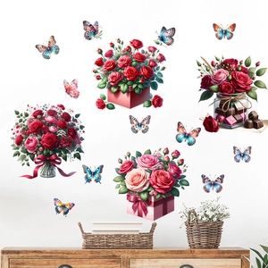 Detail of red rose wall stickers and butterfly decals in a bright bedroom setting
