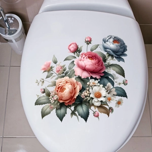 Close-up of pink peony floral waterproof stickers applied on a white toilet lid cover