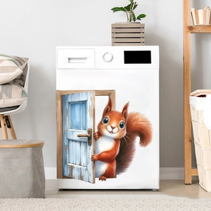 3D cute squirrel peeping from blue door wall sticker for fridge and laundry machine