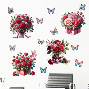 Decorative wall stickers with red roses and colorful butterflies for living room decor
