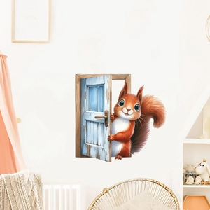 Detailed 3D squirrel wall sticker peering through a vintage blue door on nursery wall