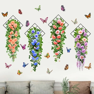 Detail view of colorful floral and butterfly wall stickers with black diamond lattice grids
