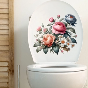Self-adhesive floral toilet lid sticker featuring pink peony and blue watercolor flowers