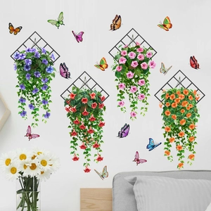 Artificial hanging petunia flower vines with diamond wall rack and colorful butterflies