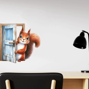 Detail of 3D cartoon red squirrel and blue wooden door self-adhesive waterproof wall sticker