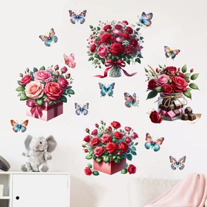 Floral butterfly wall decals with red and pink roses for living room wall decoration