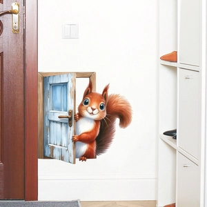 3D squirrel wall sticker peering from blue wooden door on white home interior wall