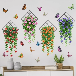 Close-up of waterproof hanging morning glory flower stickers with butterflies for wall decor