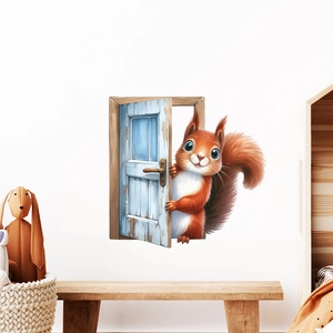 Detailed 3D wall sticker showing a cute red squirrel peeking out of a light blue wooden door