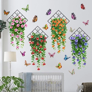 Detail of floral wall stickers with colorful morning glories and butterflies on grid