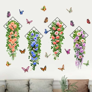 Vertical floral wall stickers with mesh grid vine flowers and 20 colorful butterflies
