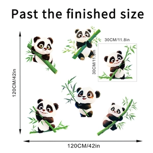 Detailed size guide of six cartoon panda wall stickers with bamboo for home decor