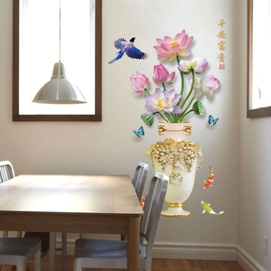 Chinese style 3D wall sticker with pink lotus, white vase, and magpies for home decor