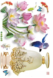 Detail of Chinese style wall decal with pink lotus flowers, koi fish, and ornate vase
