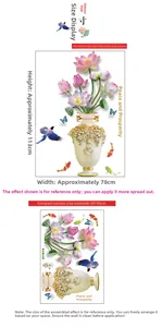 Close-up of Chinese style wall decal featuring lotus flower, blue kingfisher, and koi fish