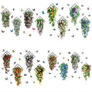 Self-adhesive floral wall stickers with butterflies and hanging flowers in 15 styles
