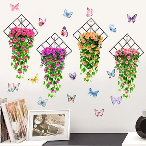 Floral wall hanging set with rose baskets, green vines and colorful butterfly stickers