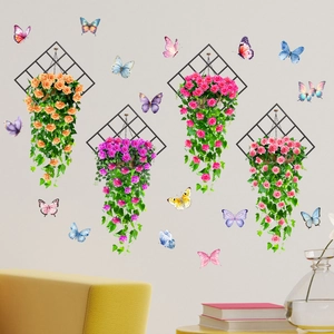 Vibrant rose flower baskets and colorful butterflies wall decals for home interior decor