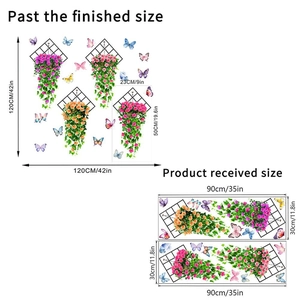Waterproof butterfly floral wall decals showing reference and sheet dimensions in cm and inches
